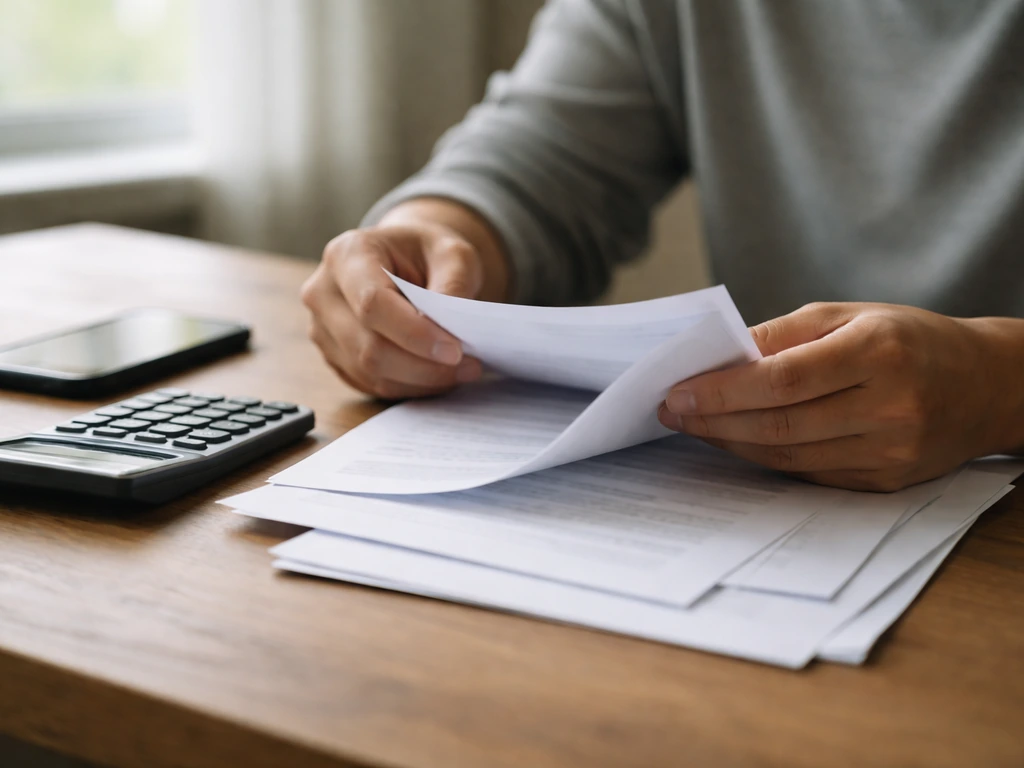 Person reviewing suspicious wealth claim documents with a calculator on a desk, calm office lighting.