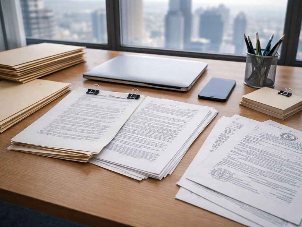 Desk with property folders, filing pages, and court paperwork laid out for cross-referencing.