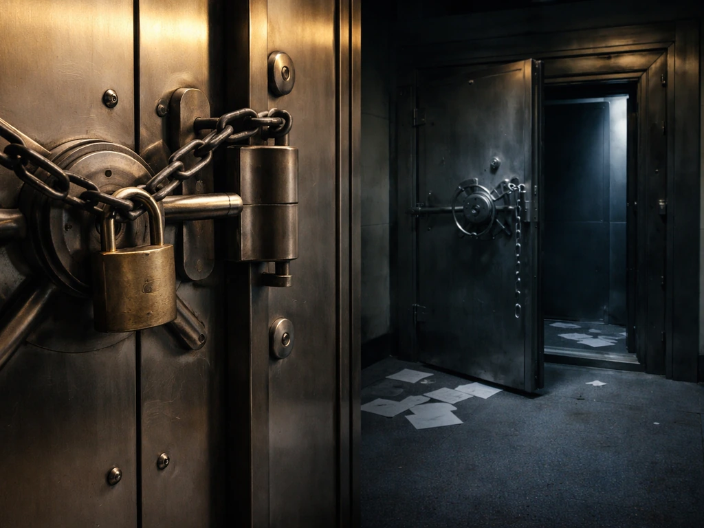 Closed locked vault with padlock and scattered papers, contrasting warm and cold lighting to imply seized assets.