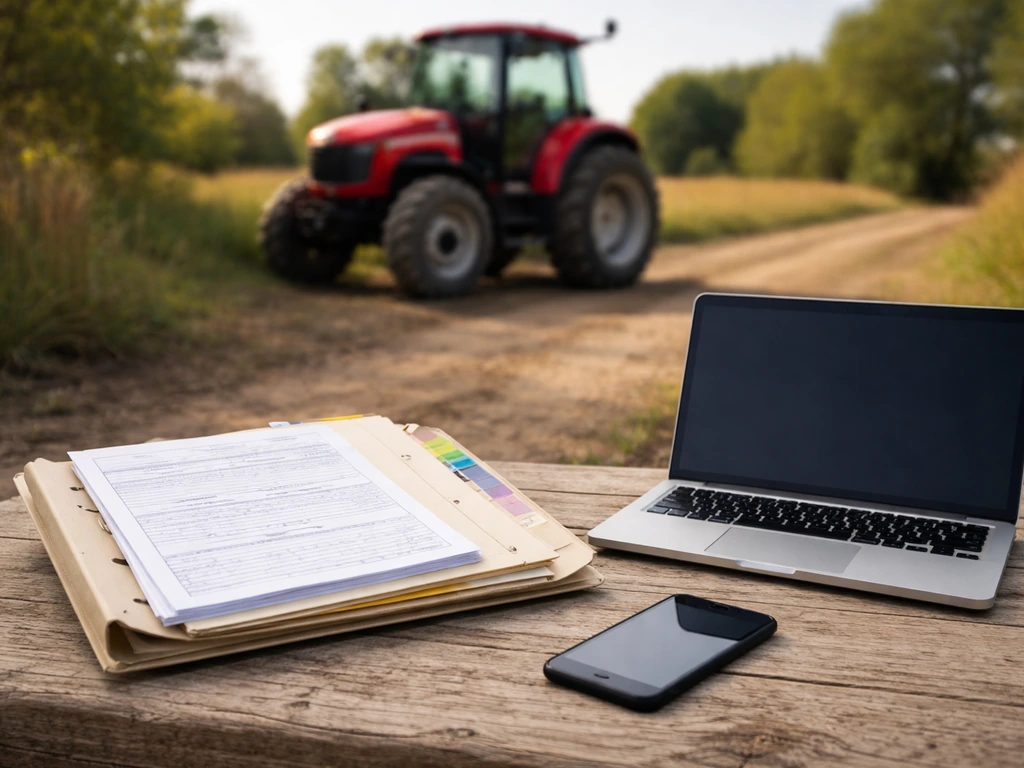 Red Massey Ferguson tractor beside open finance documents and an off-screen laptop for verification theme.