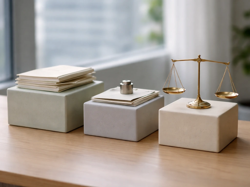Minimal office desk scene with physical blocks suggesting assets, liabilities, and shareholders’ equity.