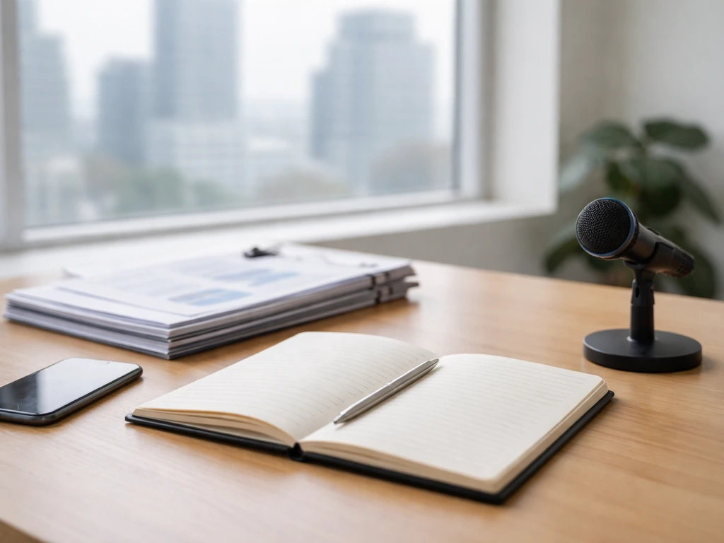 Minimal office desk with documents, open notebook, smartphone, and a desktop microphone, soft city backdrop.