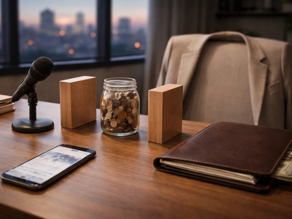 Upscale desk scene with microphone, blurred phone, and money beside a coin jar suggesting a value range.