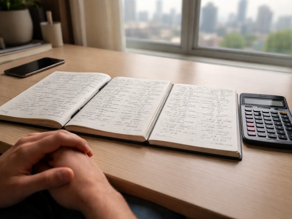 Hands on a desk with calculator and multiple open notebooks showing conflicting, illegible financial figures.