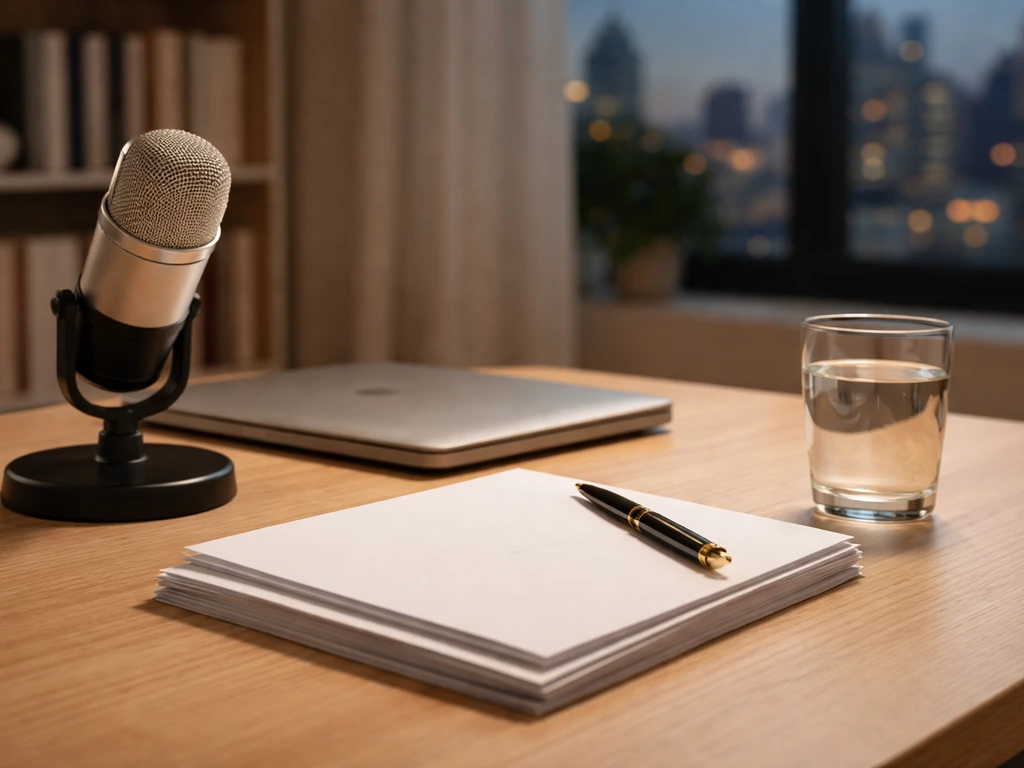 Minimal podcast desk with microphone, papers, and laptop, symbolizing political media strategy and wealth.