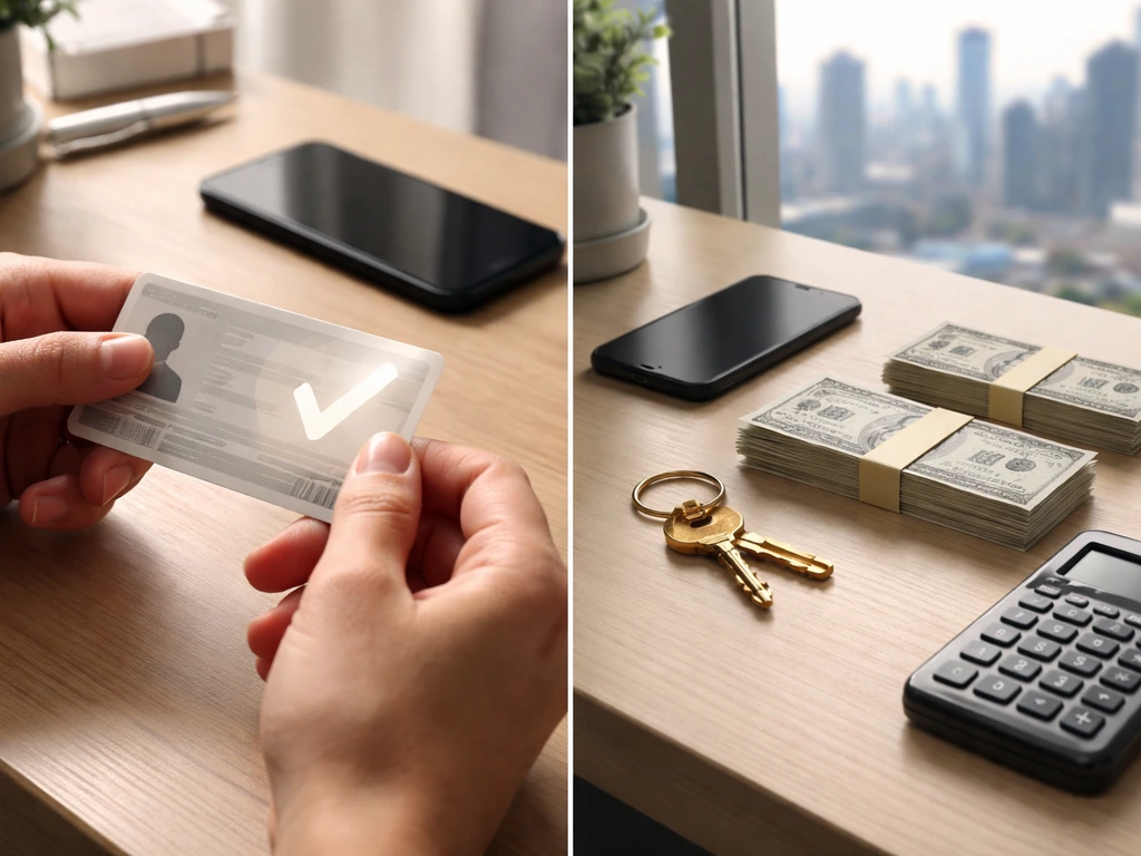 Split-screen hero: check/ID verification on the left and a symbolic net-worth calculation scene on the right