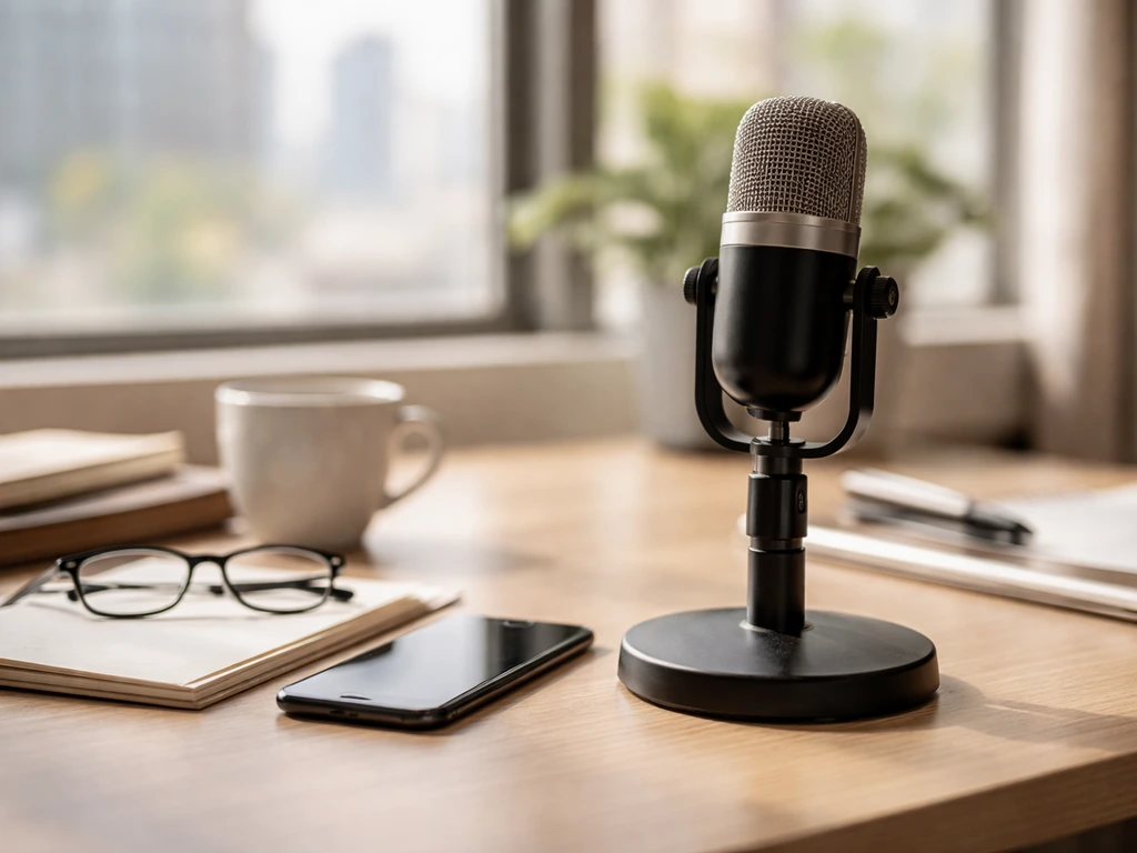 Minimal shot of a media studio desk with a microphone and blurred city lights, suggesting verifying a public figure