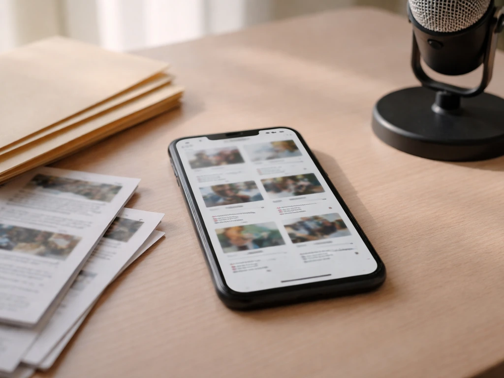 Minimal scene with a single smartphone showing blurred, paper-like media clippings suggesting a $150k estimate range.