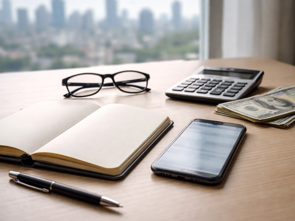 Minimal desk scene with calculator, blank notebook, and dollar bills under natural light