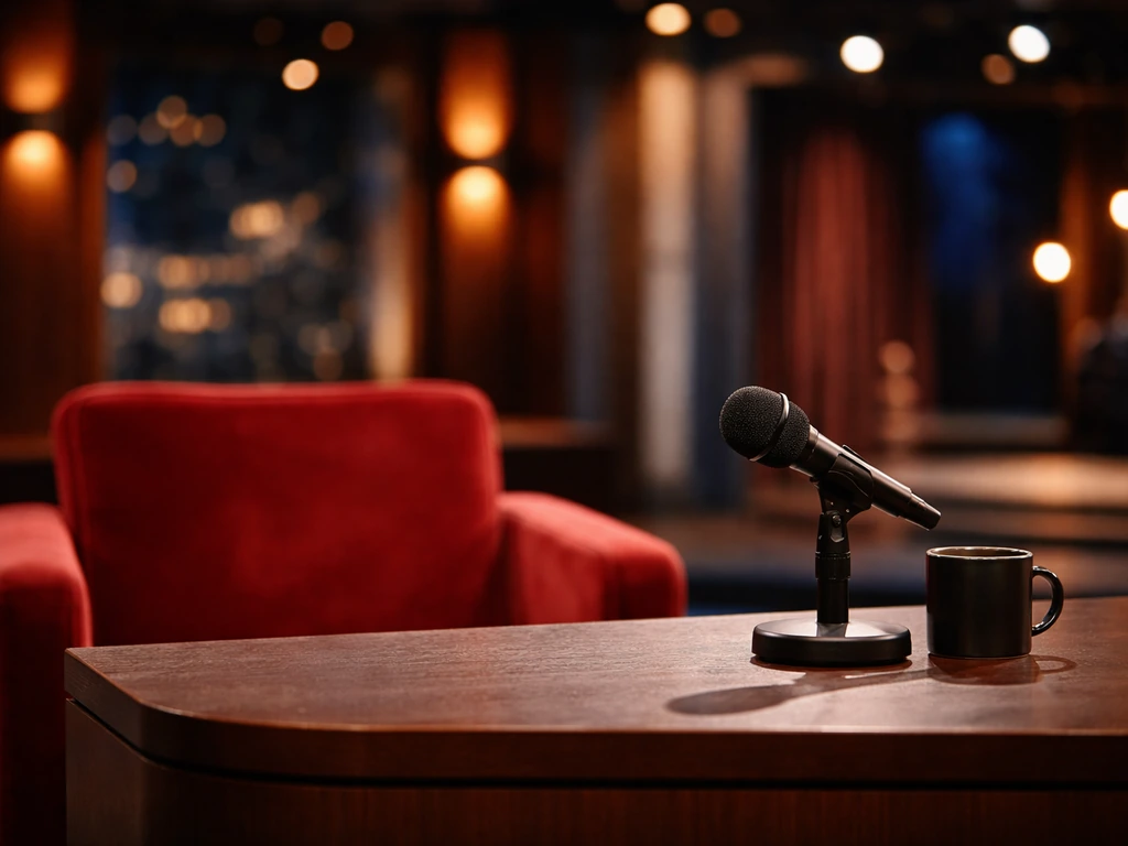 Minimal talk-show studio scene with a desk microphone and stage seating, no people, warm studio lighting.