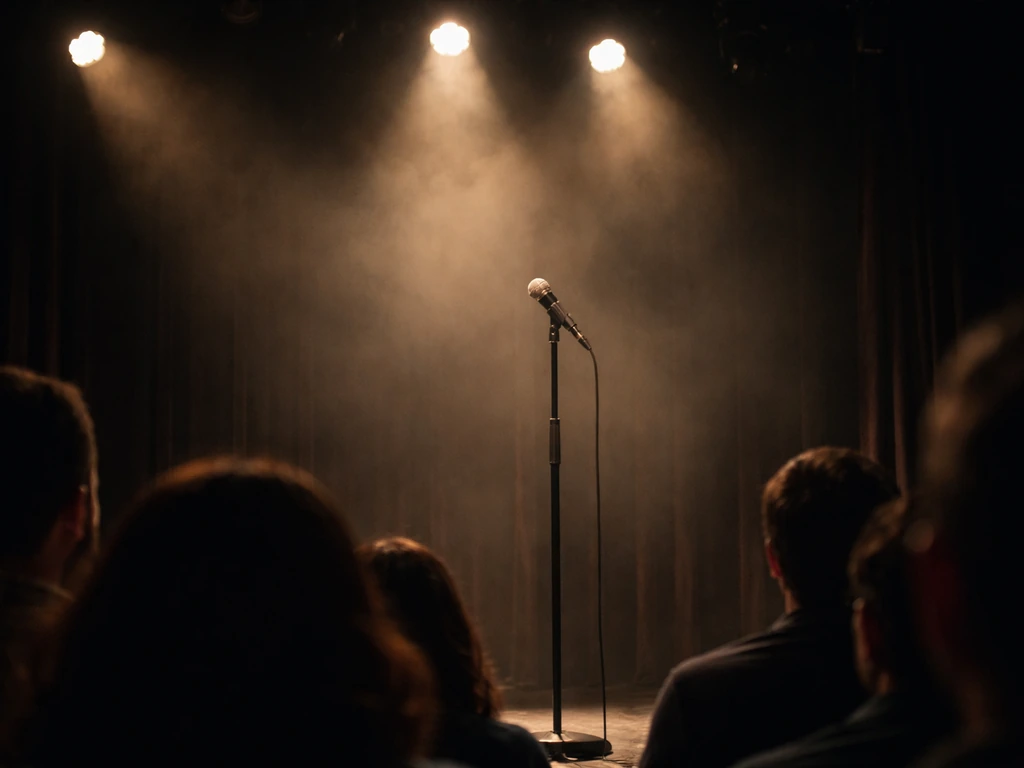 Warm stage lights reveal a stand-up microphone with a blurred comedy crowd in the foreground.