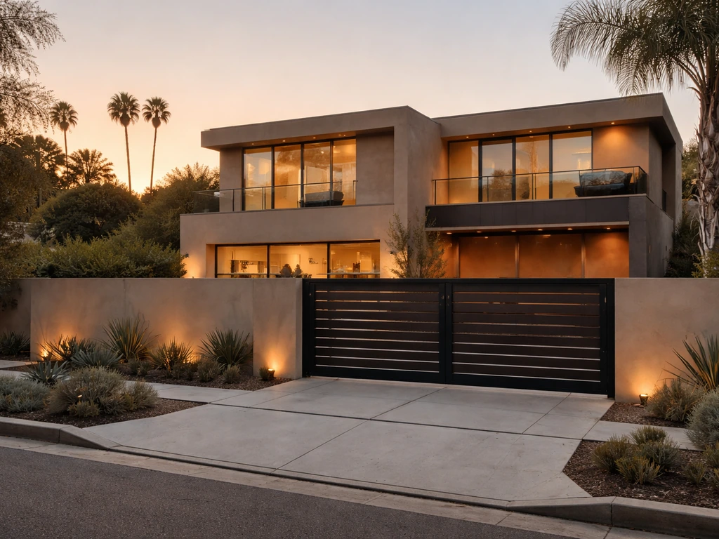 Premium modern Los Angeles home with glass facade, warm light, and minimal landscaping, no people.