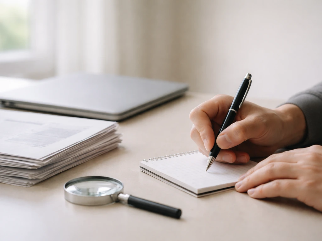 Hands reviewing a stack of financial articles beside a laptop and a pen, emphasizing estimate cross-checking.