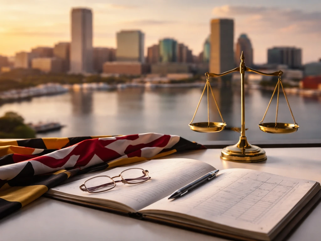 Maryland skyline with a ledger and balance scale on a desk, suggesting net worth research and verification.