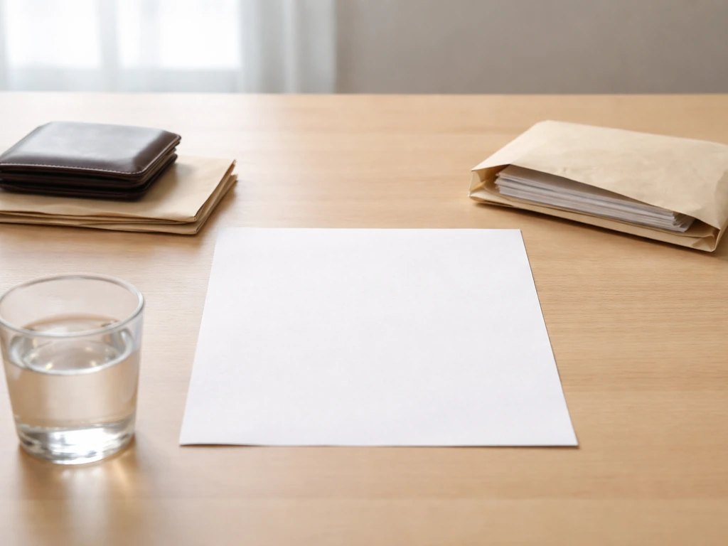 Minimal desk scene with wallet, envelopes, and blank paper suggesting assets minus liabilities.
