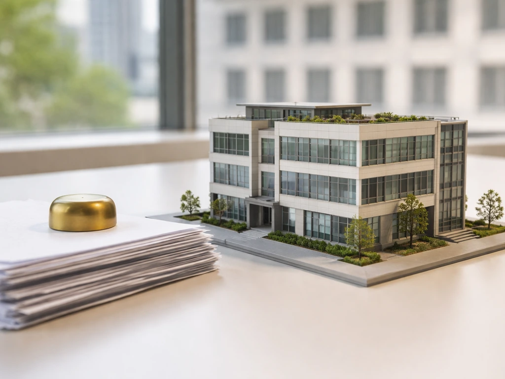 Architectural model office building with property documents on a sunlit desk, no people.