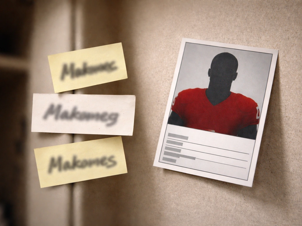 Minimal collage showing three blurred name spellings anchored to an anonymous NFL player card.