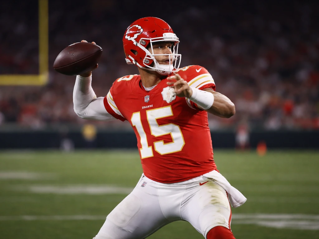 Patrick Mahomes in a Kansas City Chiefs uniform on the field during a game, throwing a pass.