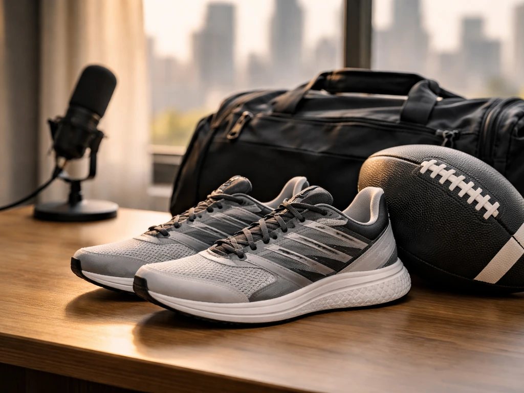 Athletic shoes, a football, and a studio microphone on a desk near a window with a city blur.