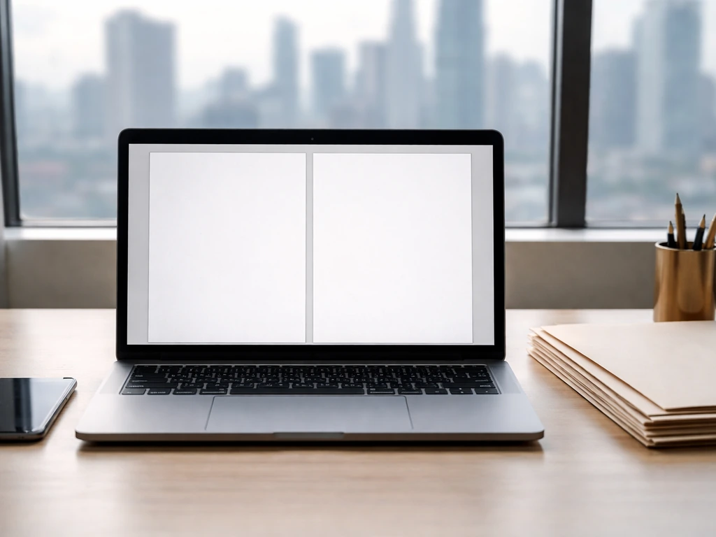 Minimal office desk scene with an open laptop and smartphone showing finance-related pages, no readable text.