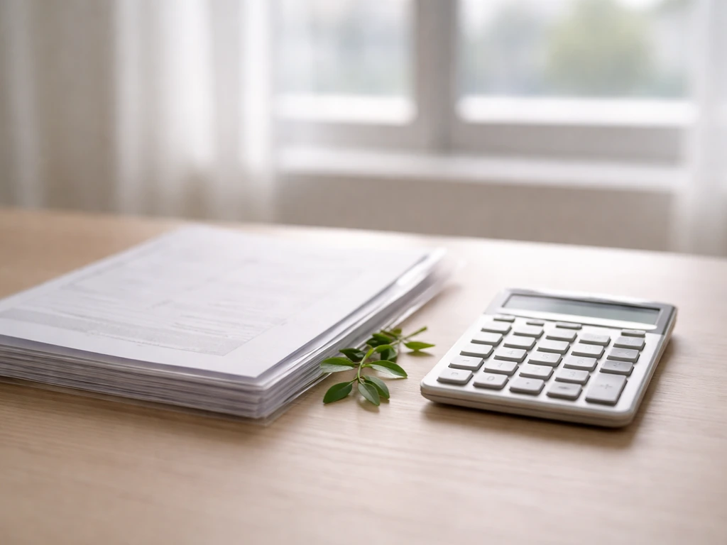 Calculator and financial documents beside a small green sprig in a bright, minimal office desk scene.