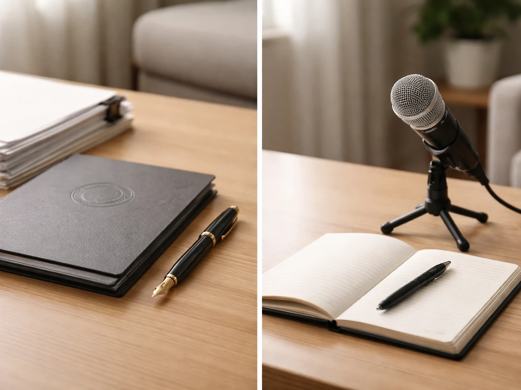 Split desk scene: corporate documents and pen on one side, microphone and blank notes on the other.