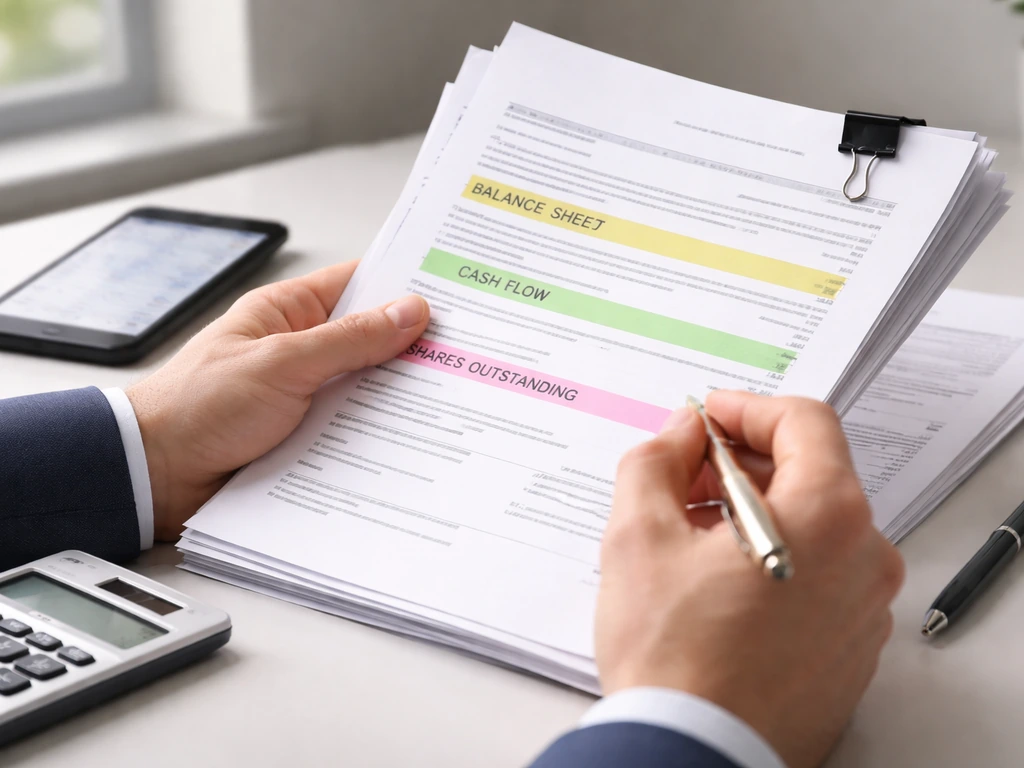 Close-up of hands reviewing highlighted SEC-style filings and calculations on a desk, no readable text.