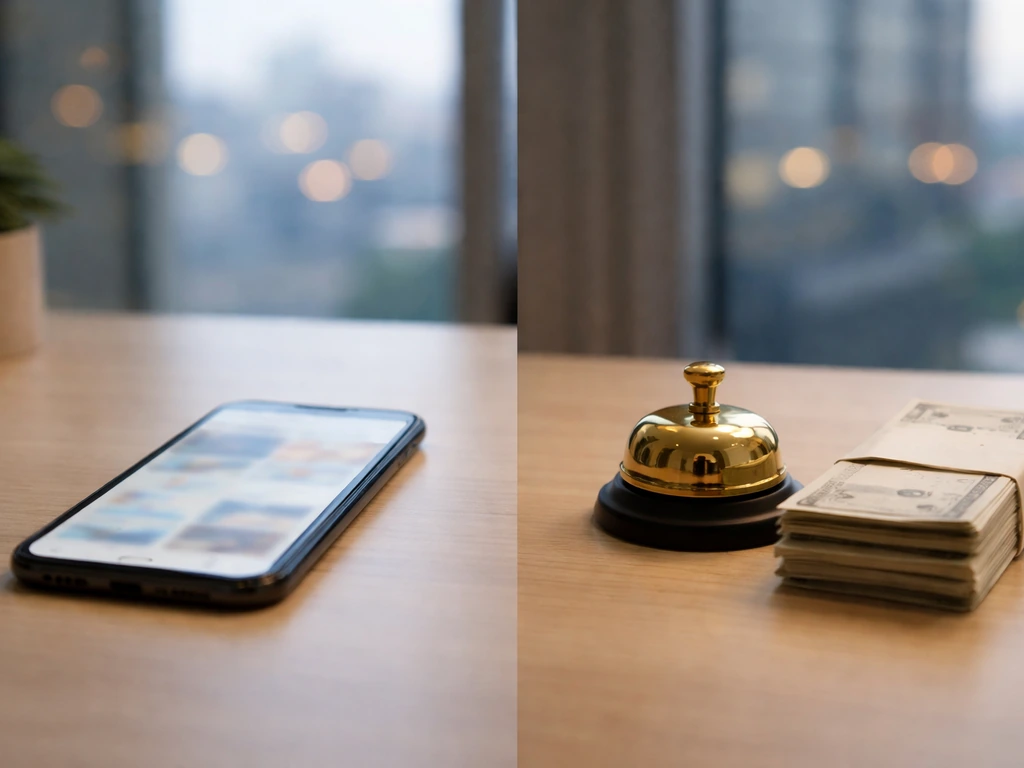 Desk scene showing phone with blurred finance feed beside cash envelopes in a quiet corporate office.