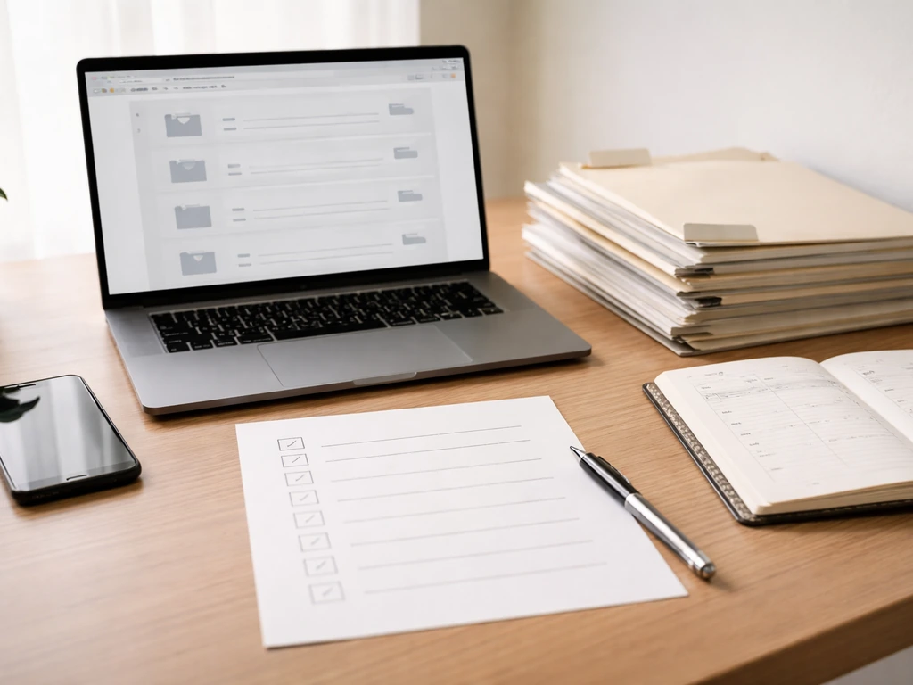 Minimal desk scene with a checklist, laptop on document filing, and calendar suggesting source re-check schedule.
