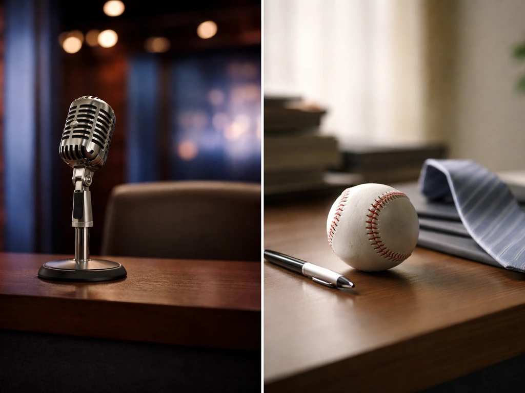 Split-scene of a TV talk show studio microphone and a baseball on a desk, symbolizing two different Maurys