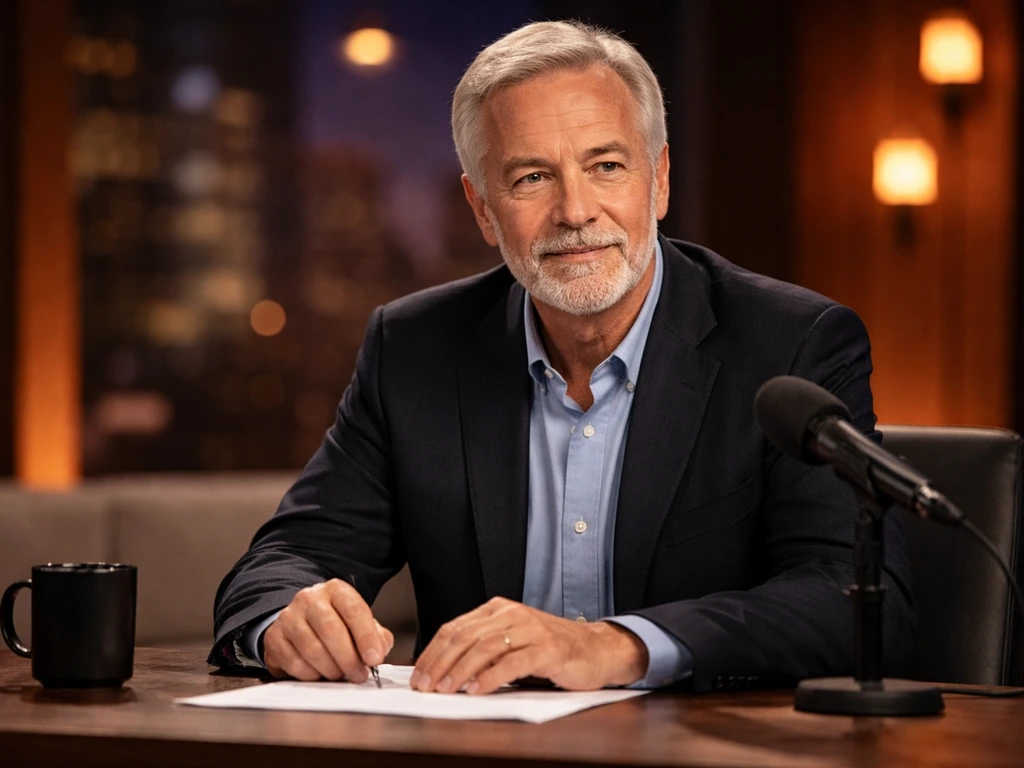 Anonymous talk-show host seated at a studio desk with warm blurred backdrop and side microphone