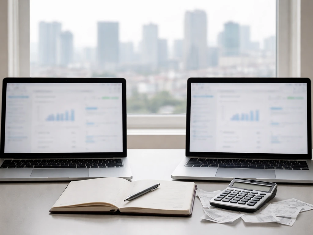 Two laptops and a calculator on a desk with receipts, symbolizing comparing finance estimates side-by-side.