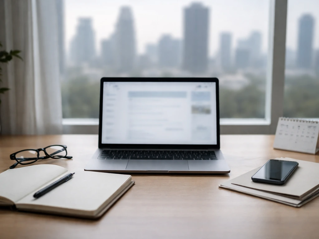 Minimal desk scene with laptop and notebook, suggesting checking latest updated net worth estimates