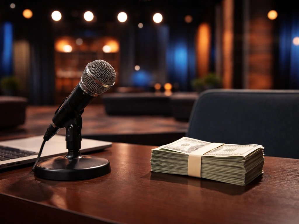Anonymous TV studio microphone and cash stack on a desk, symbolizing talk-show wealth.
