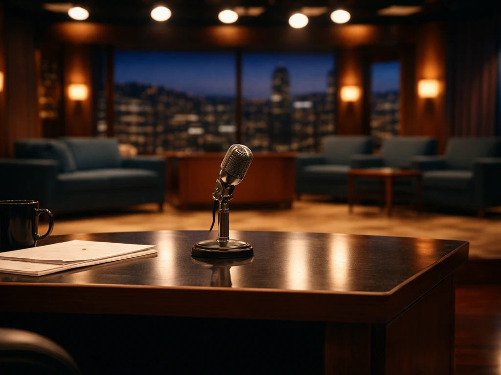 Empty TV studio desk with microphone and warm lights, evoking decades of talk-show earnings