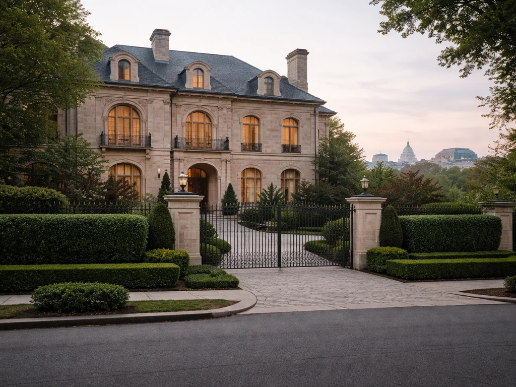 Luxury Washington, D.C. style mansion exterior with manicured landscaping and city skyline backdrop at dusk.