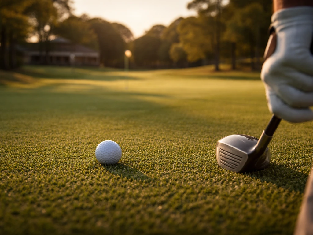 Golf ball on course grass with a club and blurred fairway, evoking tournament money stakes.