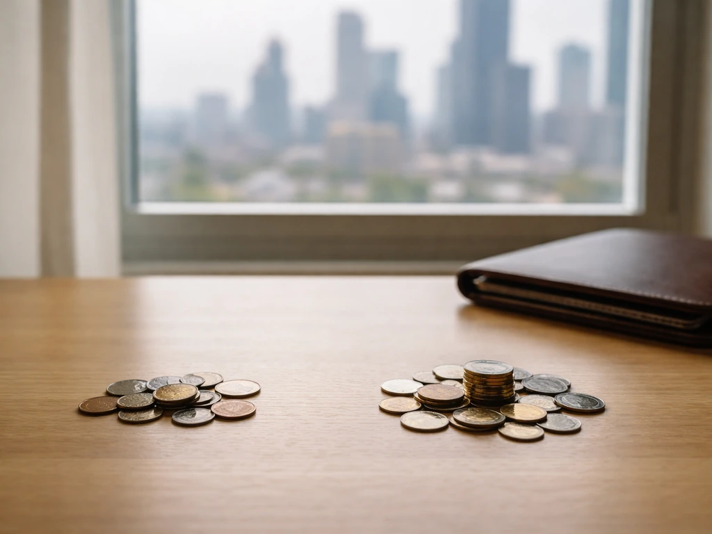 Minimal photo of a desk with scattered coins, a closed portfolio, and a blurred city skyline in daylight.
