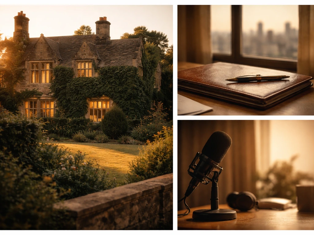 Collage of English country house, desk with leather portfolio, and studio microphone symbolizing wealth analysis.