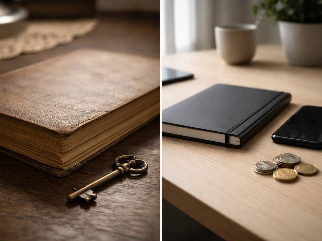 Split-style photo showing vintage book pages on one side and a quiet desk with coin-like objects on the other.