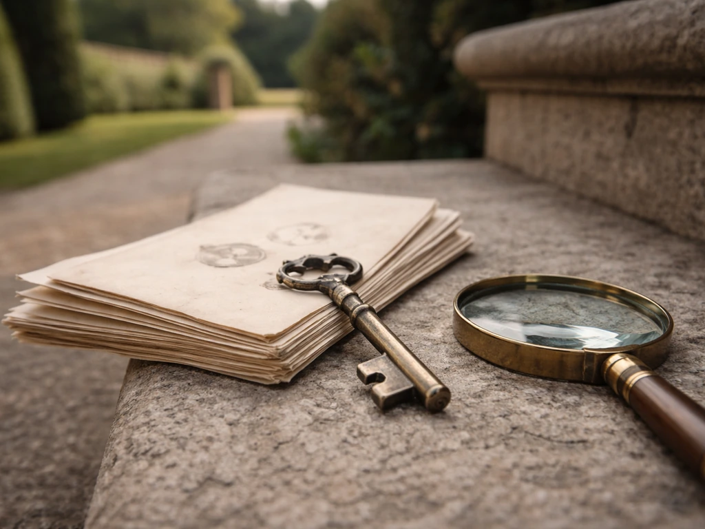 Close-up of weathered estate deed papers and a brass key on stone steps in a quiet manor garden