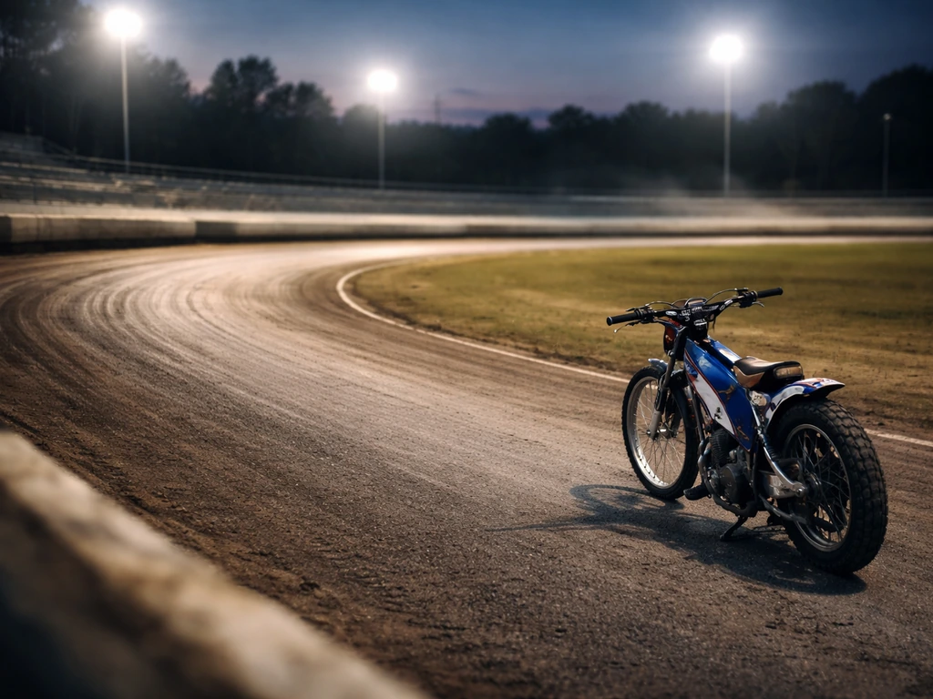 Empty speedway track at dusk with a parked racing motorcycle and no people visible.