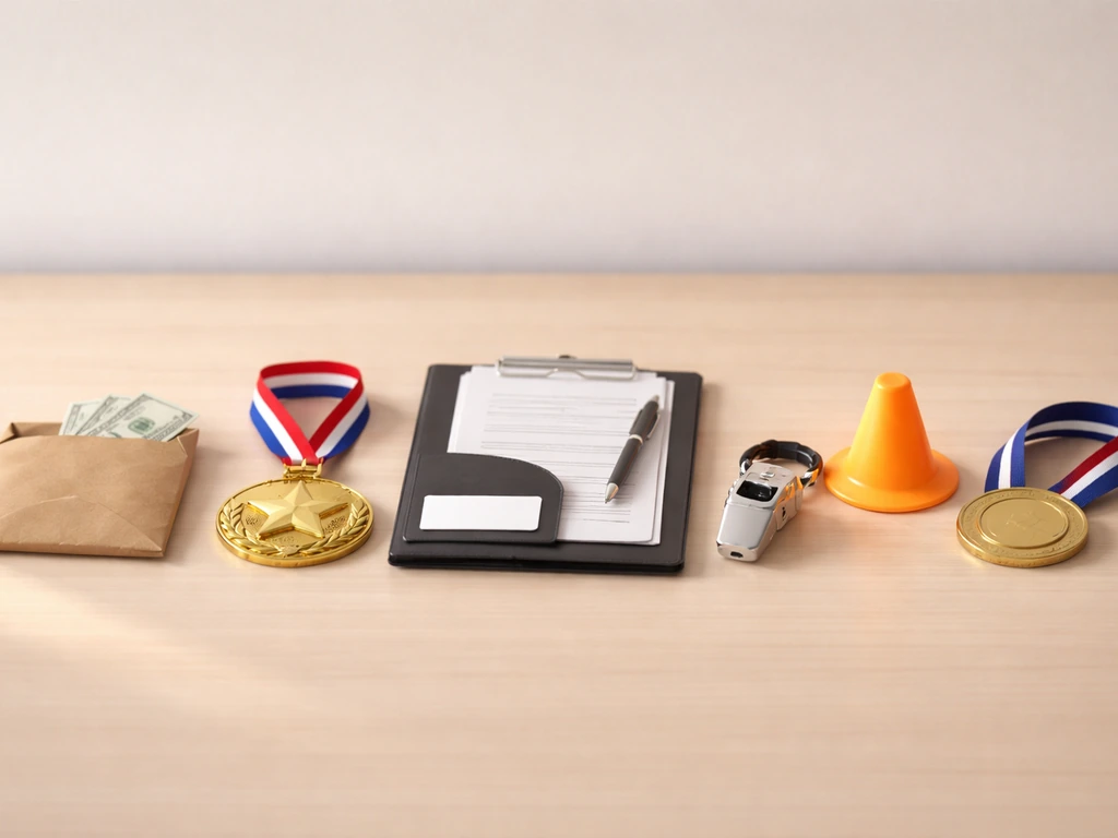 Minimal desk scene with objects symbolizing race fees, prizes, contracts, coaching, and endorsements.