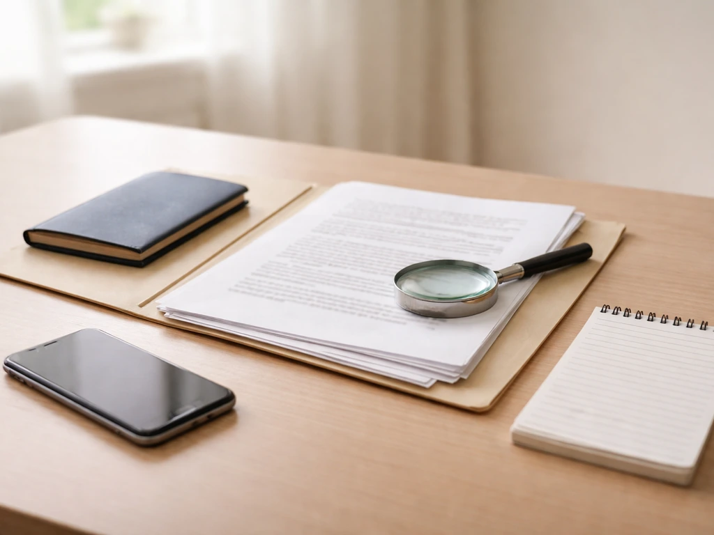 Minimal desk scene showing documents, a passport, and a phone for verifying biography and net-worth claims.