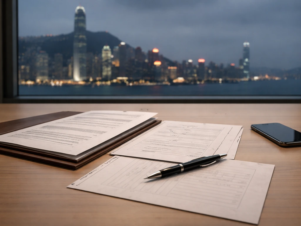 Desk with financial documents and pen, Hong Kong skyline blurred outside the window, no person shown.