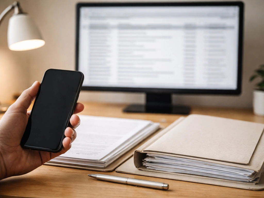 Minimal office desk with an open document search folder and blurred corporate registry viewer, symbolizing identity veri