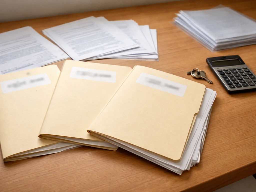 Three dated property appraisal folders and papers on a desk with a calculator, suggesting differing valuation ranges.