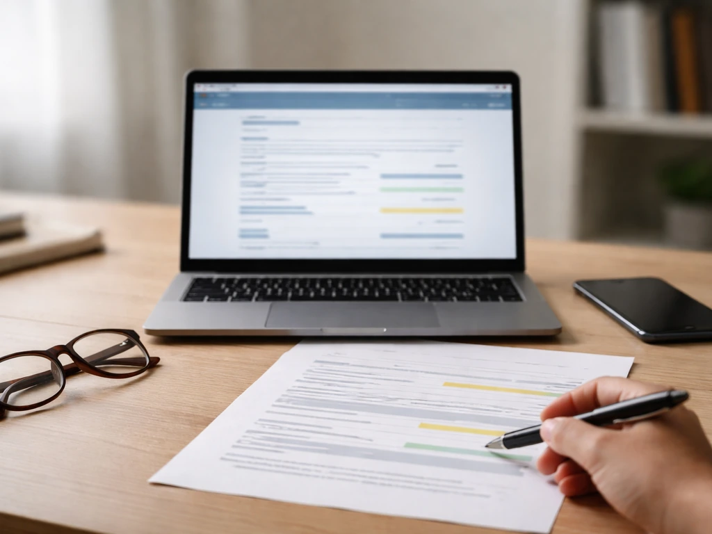 Minimal office desk with a laptop open to a stock-exchange style disclosure workflow and a PDF-style document for updati