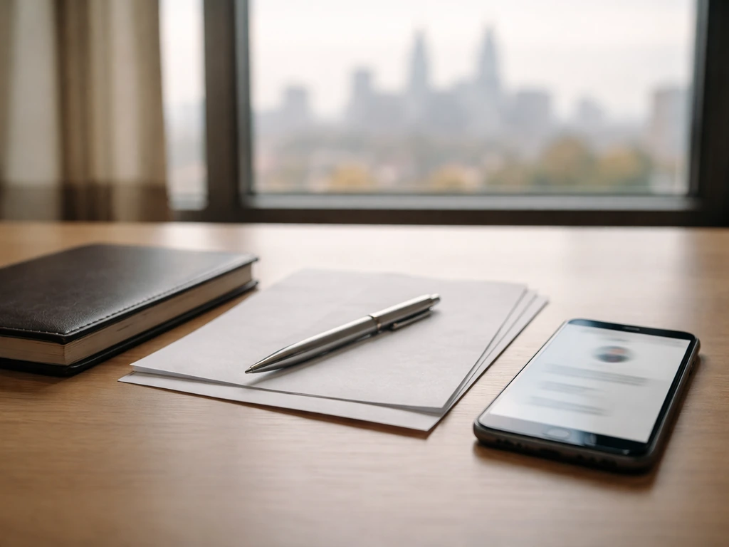 Minimal desk scene with papers, a smartphone, and a pen suggesting verifying identities for an insurance estimate
