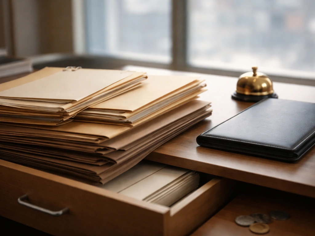 Minimal office scene with layered envelopes and folders suggesting insurance, assets, and liabilities